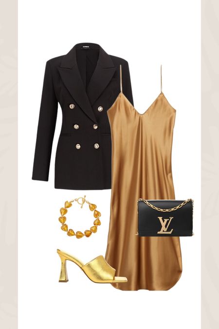 Blazer, gold slip dress, gold mules #datenightlook

#LTKshoecrush