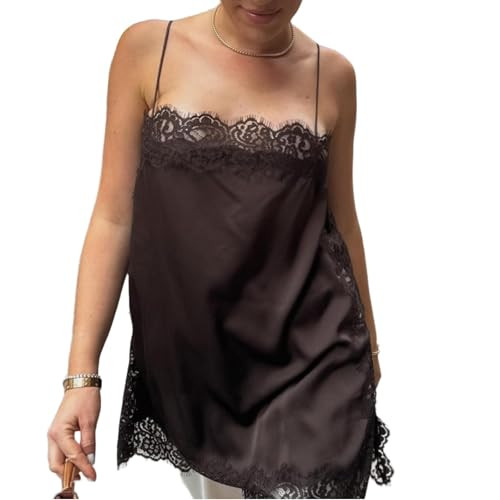Women Silk Lace Trim Cami Tops Y2k Spaghetti Strap Silky Slip Dress Y2k Backless Going Out Camiso... | Amazon (US)