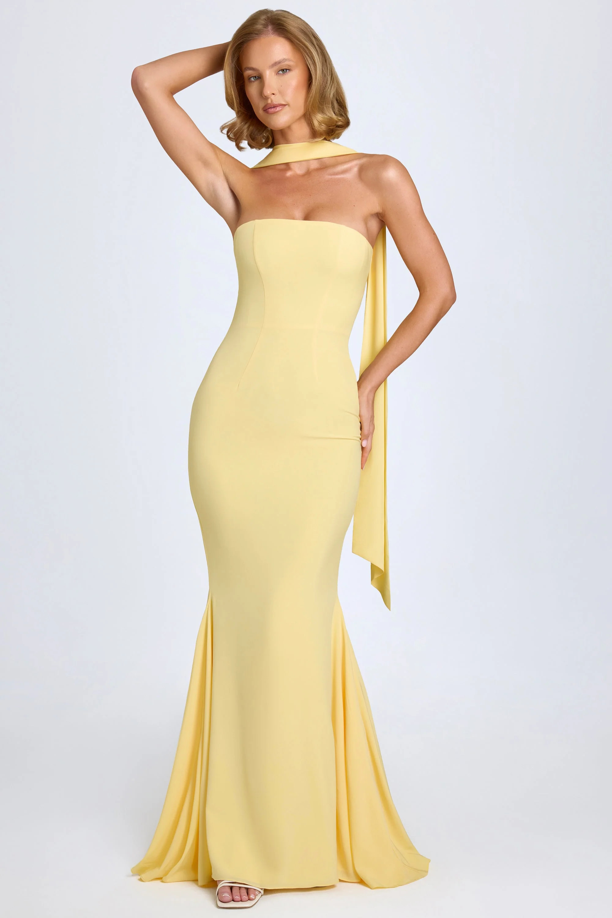 Scarf-Detail Strapless Gown in Pastel Yellow | Oh Polly