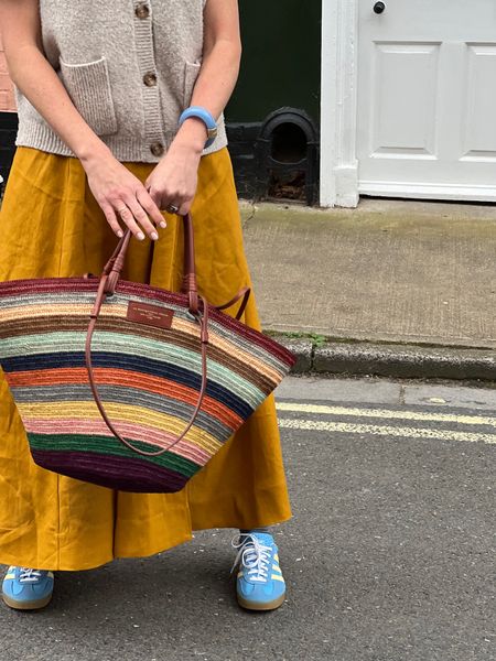 Knit cardigan vest, maxi skirt, rattan tote bag, adidas trainers

#LTKeurope #LTKSeasonal #LTKstyletip