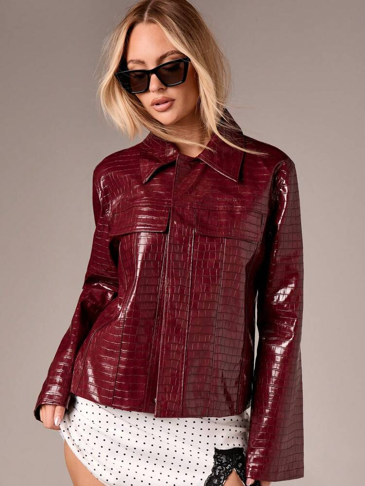 AiiRZ Oversized Crocodile Print Faux Leather Jacket With Lapel Collar And Chest Pockets For Fall ... | SHEIN