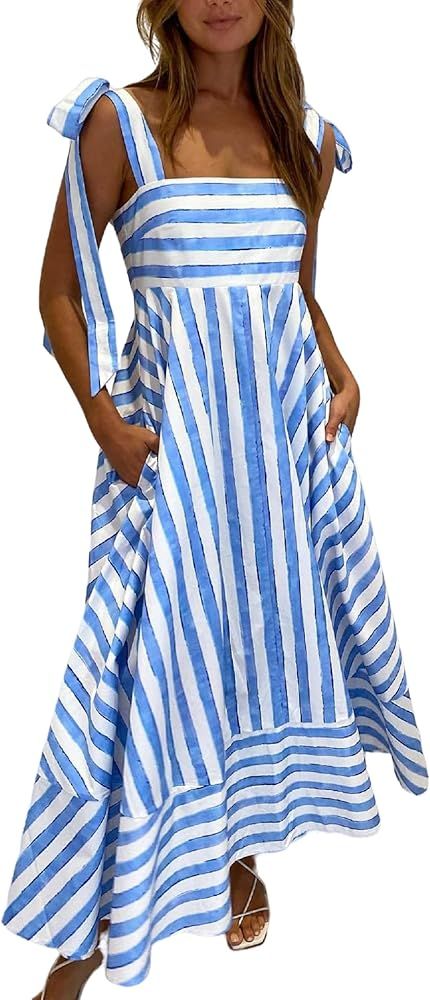 Women Sleeveless Striped Maxi Dress Summer Tie Shoulder Flowy Boho Dress Aline Long Beach Sundres... | Amazon (US)