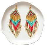 Amazon.com: Handmade Artisan Dangle Fringe Earrings, Long Seed Bead Turquoise, Red & Sparkly Gold... | Amazon (US)