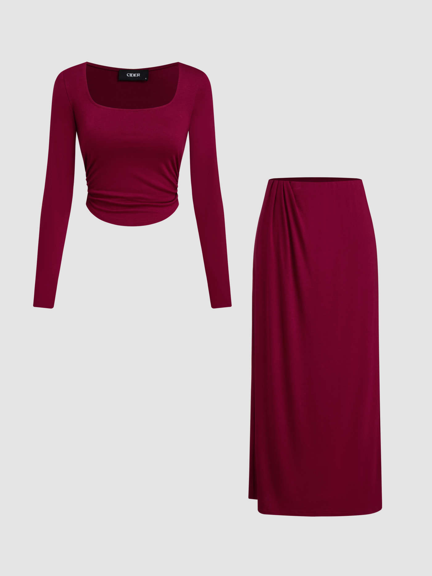Square Neck Ruched Crop Top & Mid Rise Maxi Skirt Set... | Cider