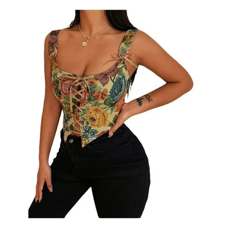 Youweixiong Bustier Corset Top for Women Lace Up Boned Crop Corset Vest Straps Bodyshaper Tank Top Y2k Corset Tops | Walmart (US)