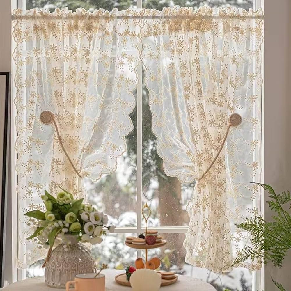 Ivory Lace Sheer Curtain for Living Room Bedroom Vintage French Curtain Floral Embroidered Rod Po... | Amazon (US)