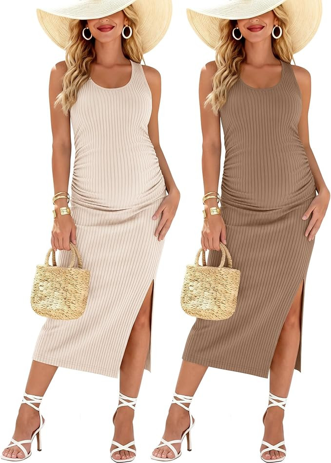 2 Pack Women's Split Long Maternity Dress Ribbed Knit Sleeveless Tank Dresses Crew Neck Ruched Pr... | Amazon (US)