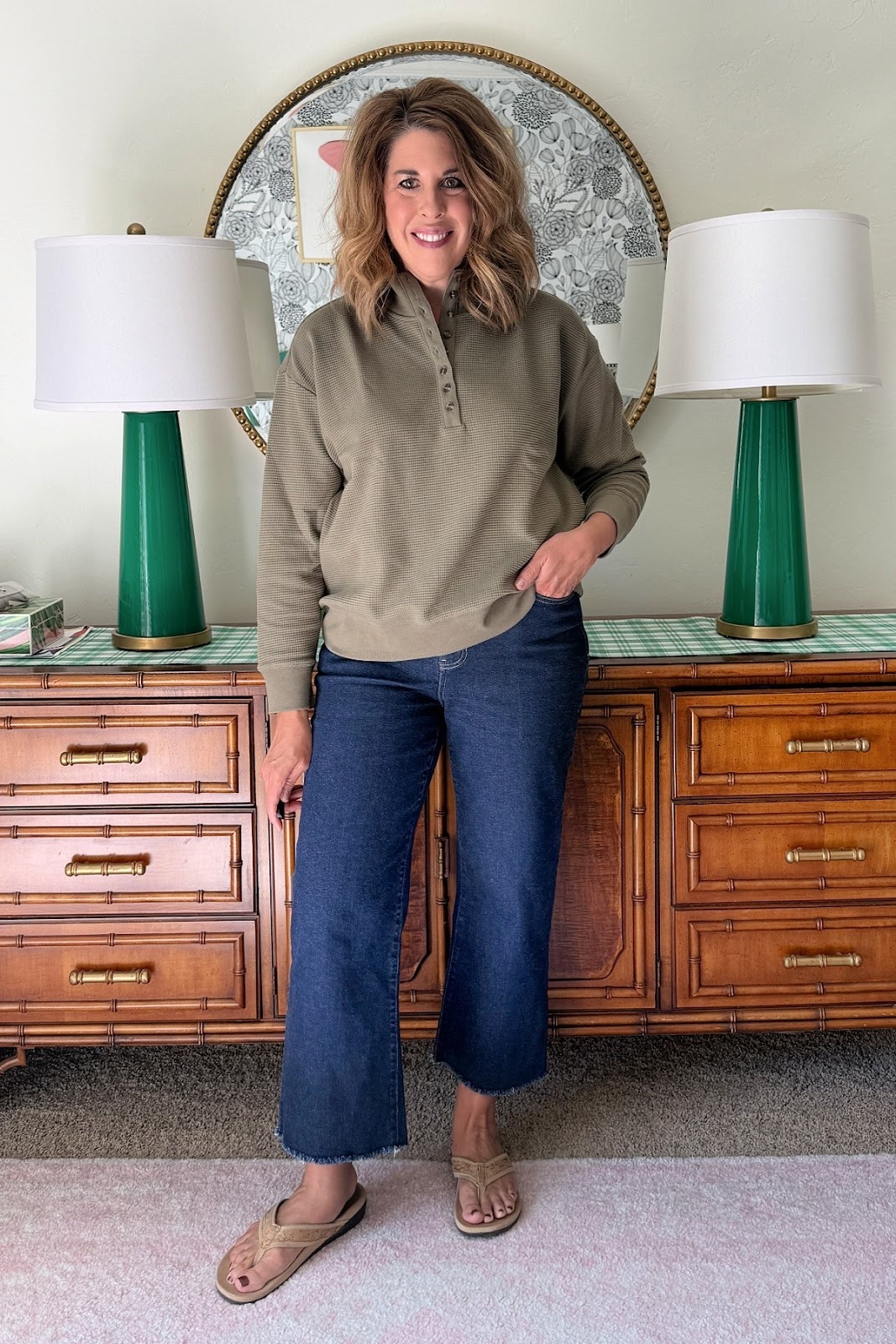 Waffle knit top is a great weight, on sale! Sz L Comfy elastic back jeans, I cut the hem. Sz M