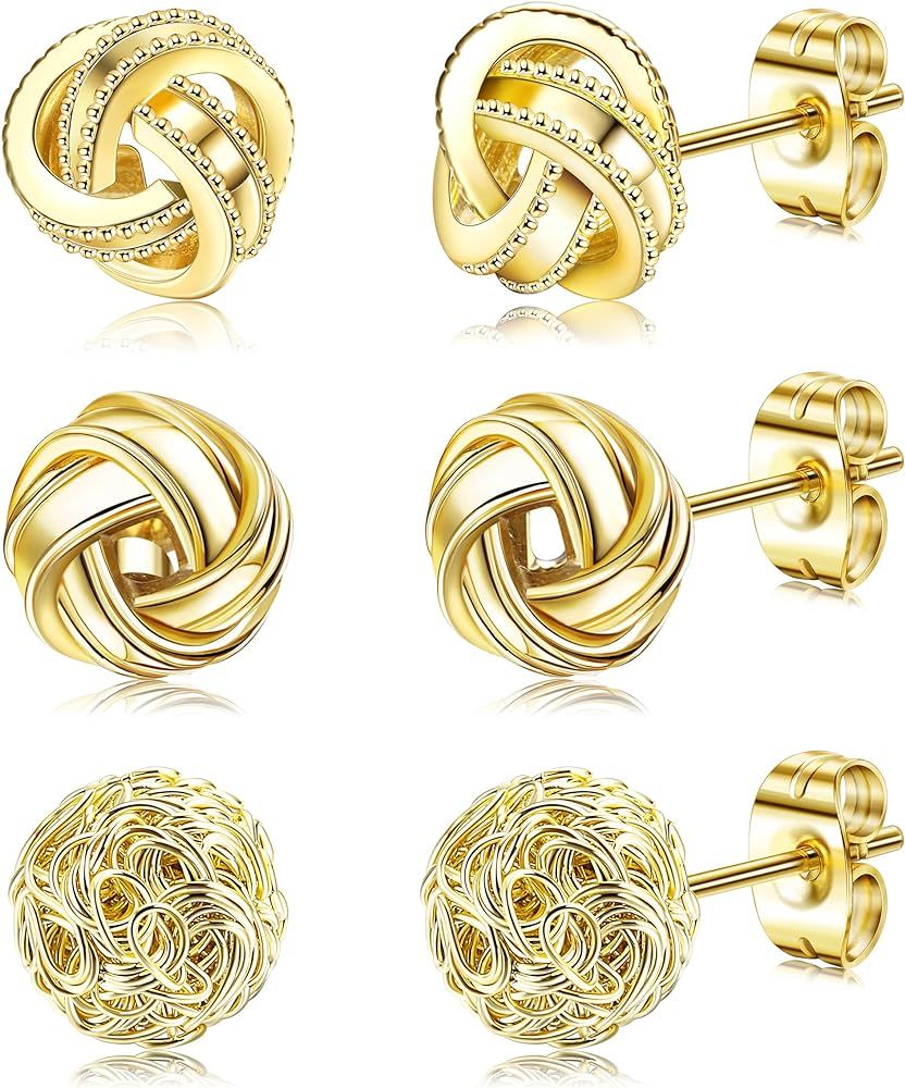 HAIAISO 3 Pairs Gold Love Knot Earrings For Women Girls 14K Gold Plated Woven Ball Stud Earrings ... | Amazon (US)
