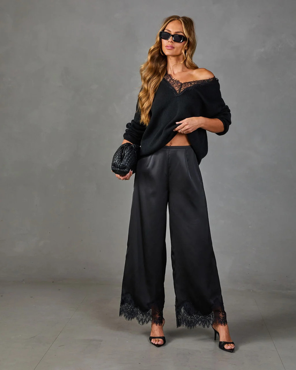 Soera Satin Wide Leg Lace Trim Pants Chocolate / M | VICI