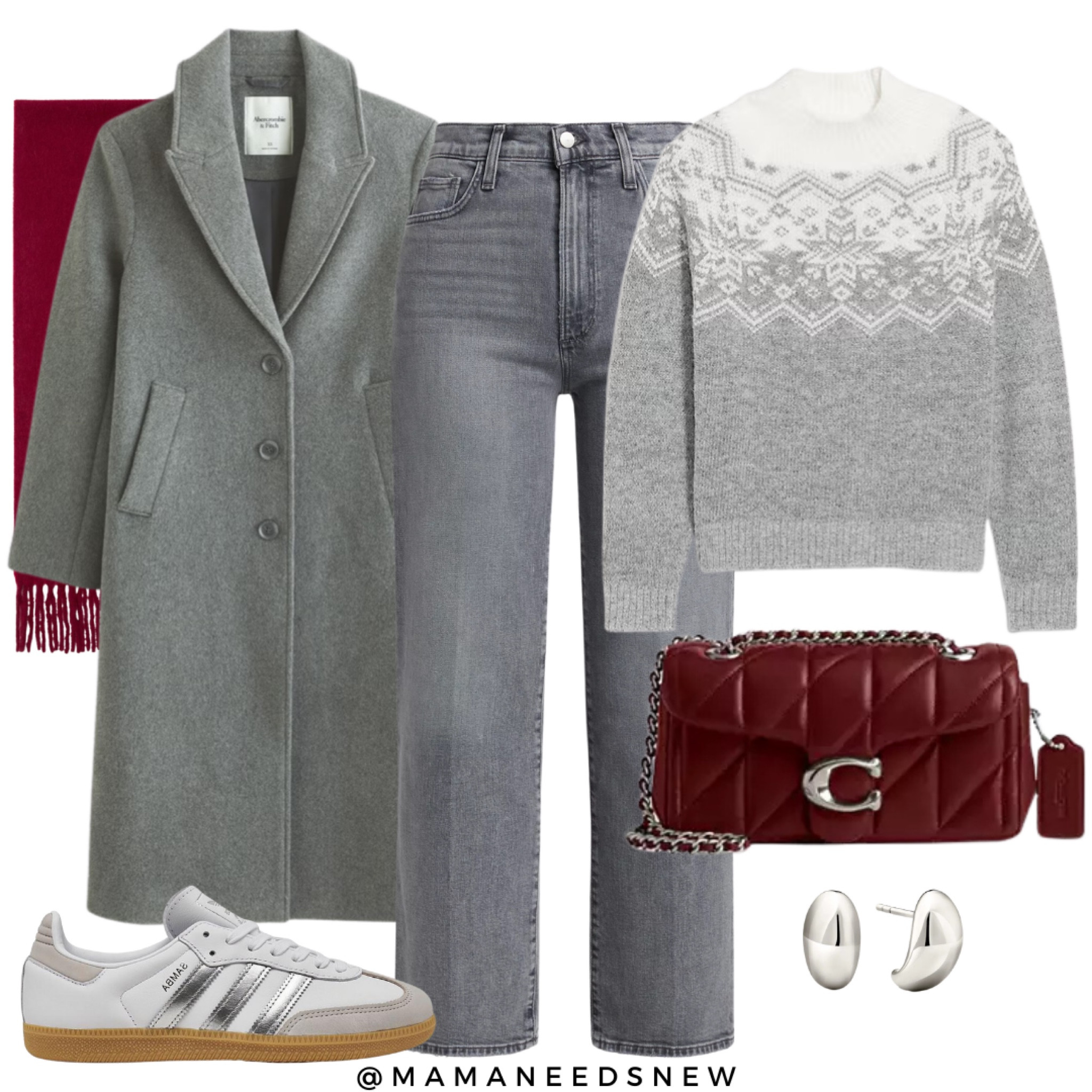 A festive casual winter outfit with a wool coat, fair isle sweater, jeans, sneakers and quilted convertible bag 🩶

#LTKHoliday #LTKSeasonal #LTKSaleAlert