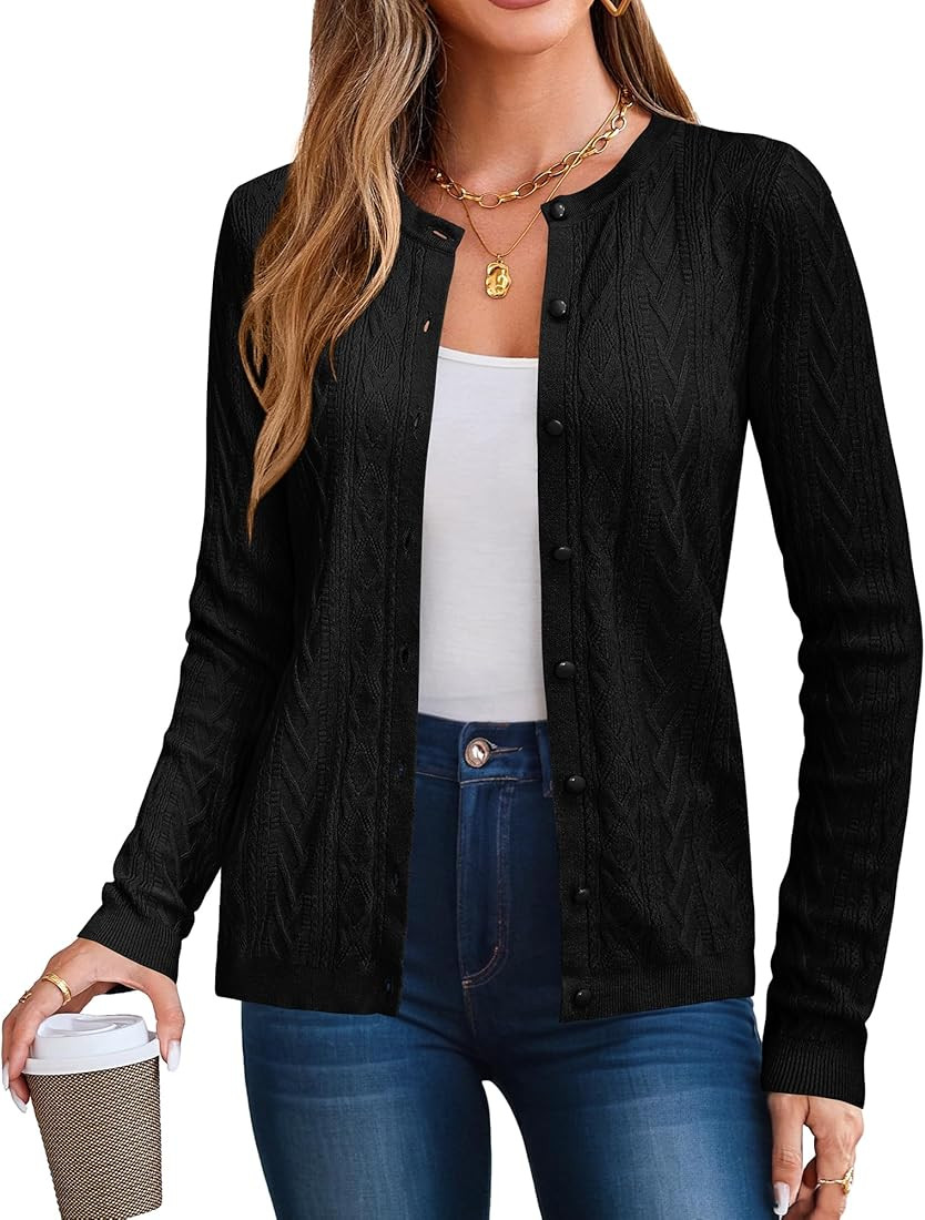 Arach&Cloz Womens 2025 Cable Knit Cardigan Long Sleeve Button Down Casual Sweater Lightweight Cre... | Amazon (US)