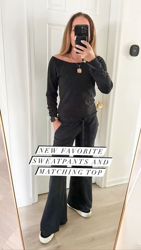Love this comfy outfit consisting of flare sweatpants and an off the shoulder sweatshirt. Perfect for traveling or running errands in comfy style #activewear

#LTKover40 #LTKtravel #LTKVideo