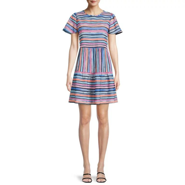 Time and Tru Women's Short Sleeve Printed Woven Mini Dress | Walmart (US)