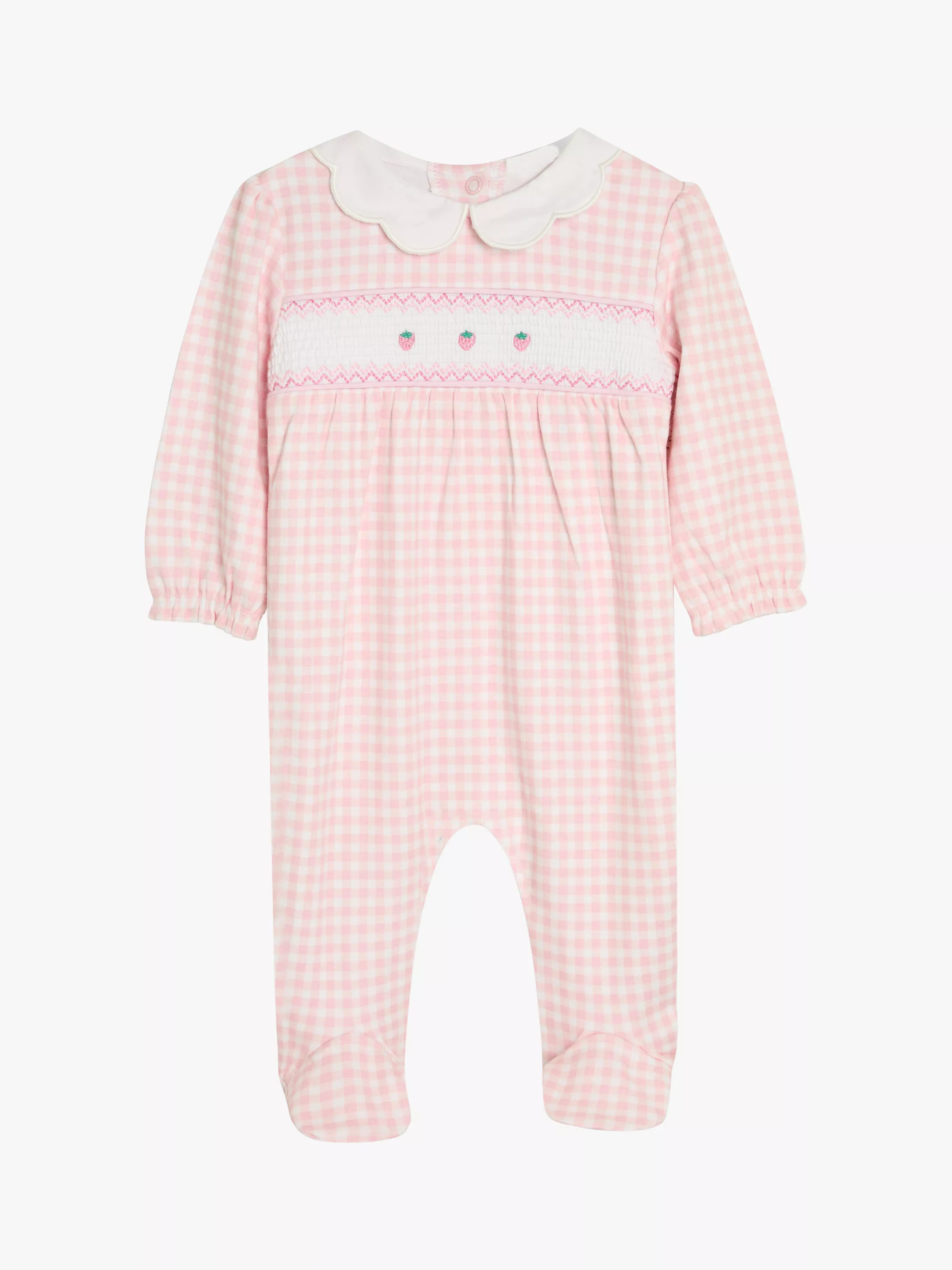 JoJo Maman Bébé Baby Strawberry Smocked Sleepsuit, Pink | John Lewis (UK)