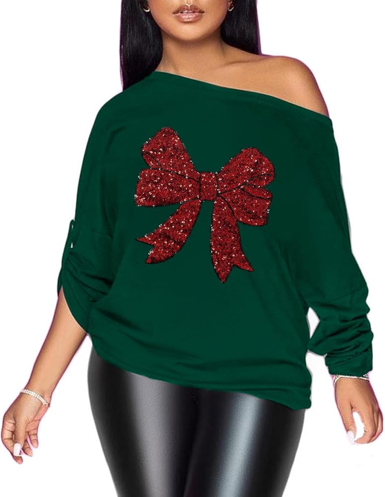 PESION Womens Off The Shoulder Tops Sexy Shiny Metallic Shirts Long Sleeves Fashion Graphic T-Shi... | Amazon (US)