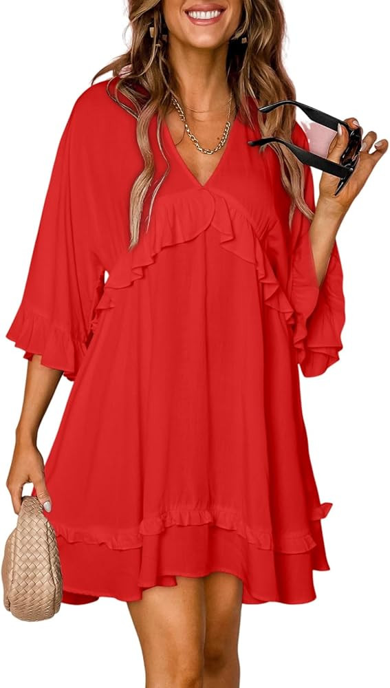 Dokotoo Womens 2024 Summer Ruffle Short Sleeve Dress Red Sundress Amazon Sundress Mini Dress Amazon | Amazon (US)