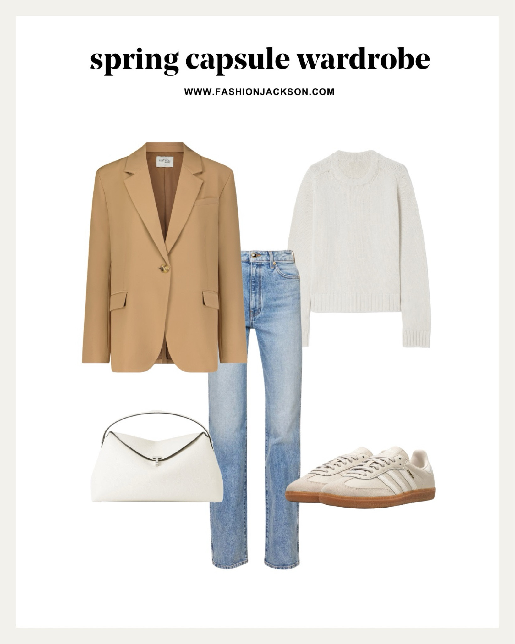 2024 Spring Capsule Wardrobe #springfashion #capsulewardrobe #springoutfit #springcapsule #camelblazer #blazerlook #weekendoutfit #springsweater #sambasoutfit #adidas #toteme #fashionjackson

#LTKstyletip #LTKfindsunder100 #LTKSeasonal