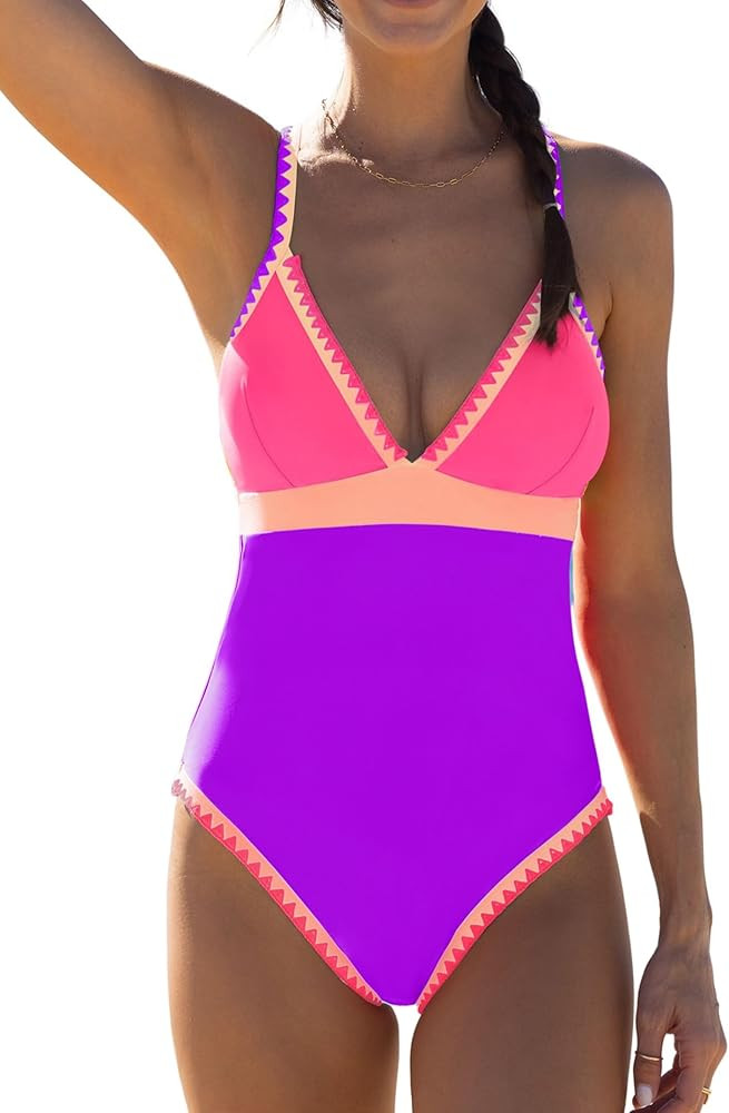 popvil Neon Color Block One Piece Bathing Suit for Women Tummy Control V Neck Swimsuit Plunge She... | Amazon (US)