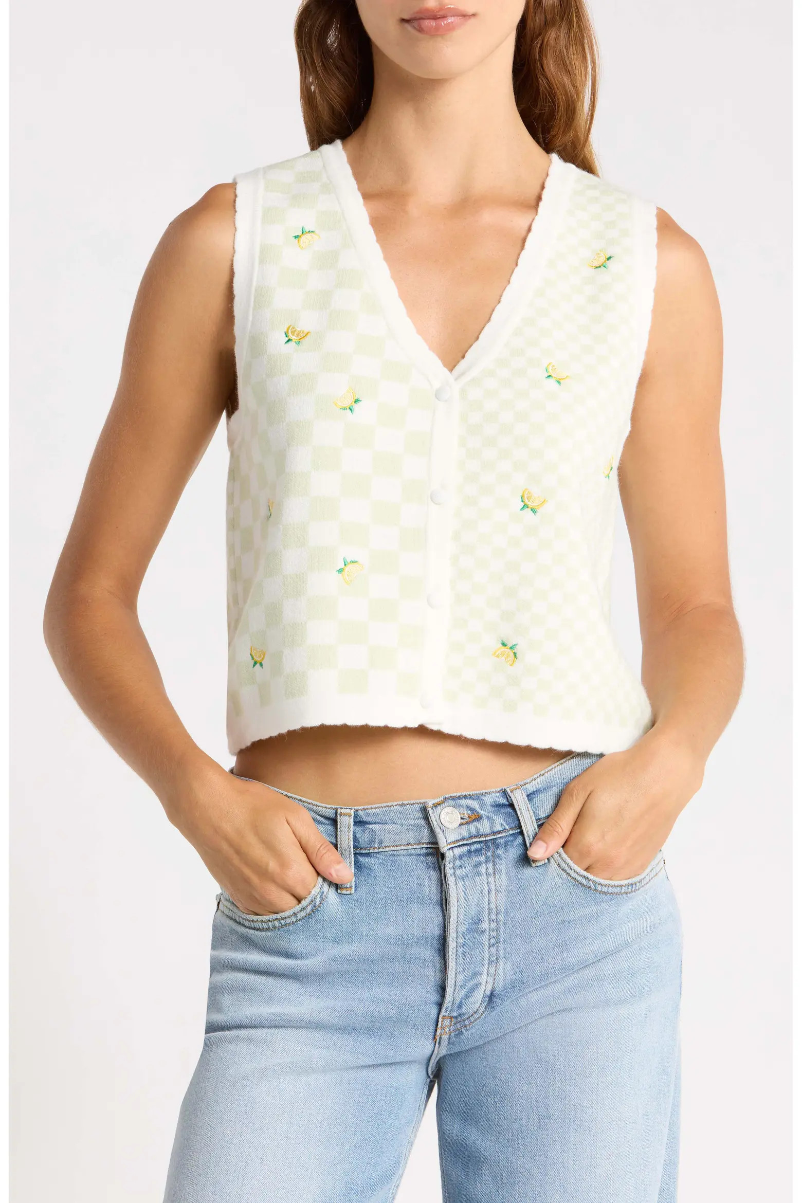 Lemon Embroidered Checkered Sweater Vest (Women) | Nordstrom | Nordstrom