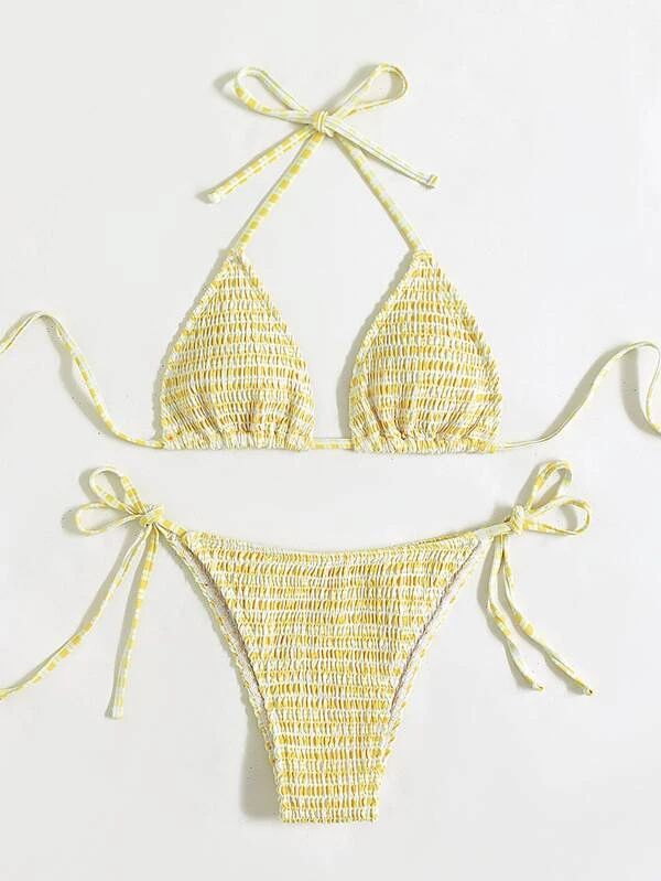 Gingham Smocked Triangle Tie Side Bikini Swimsuit SKU: sw2110301066635659(100+ Reviews)Trending Y... | SHEIN