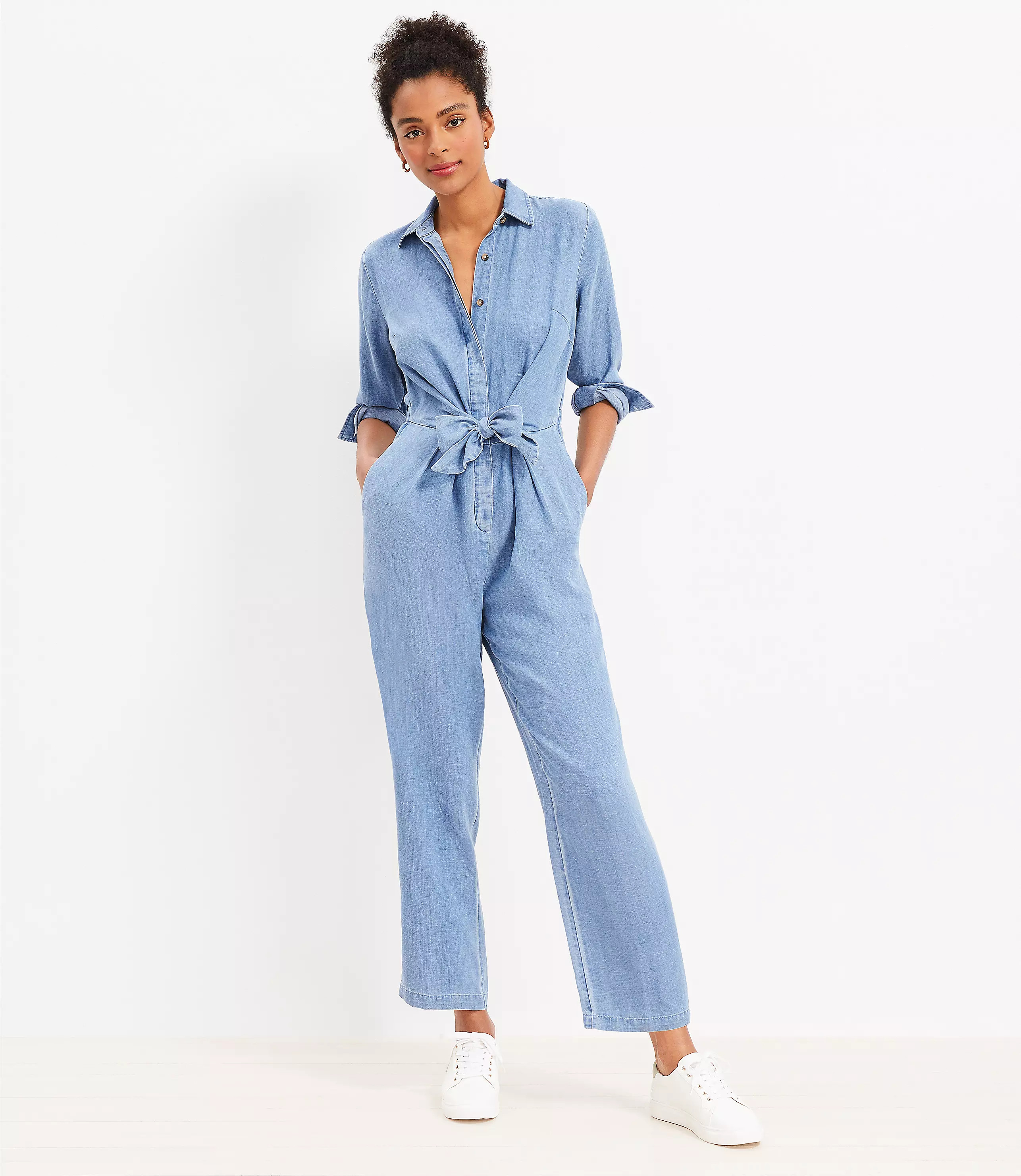 Petite Chambray Tie Front Jumpsuit | LOFT