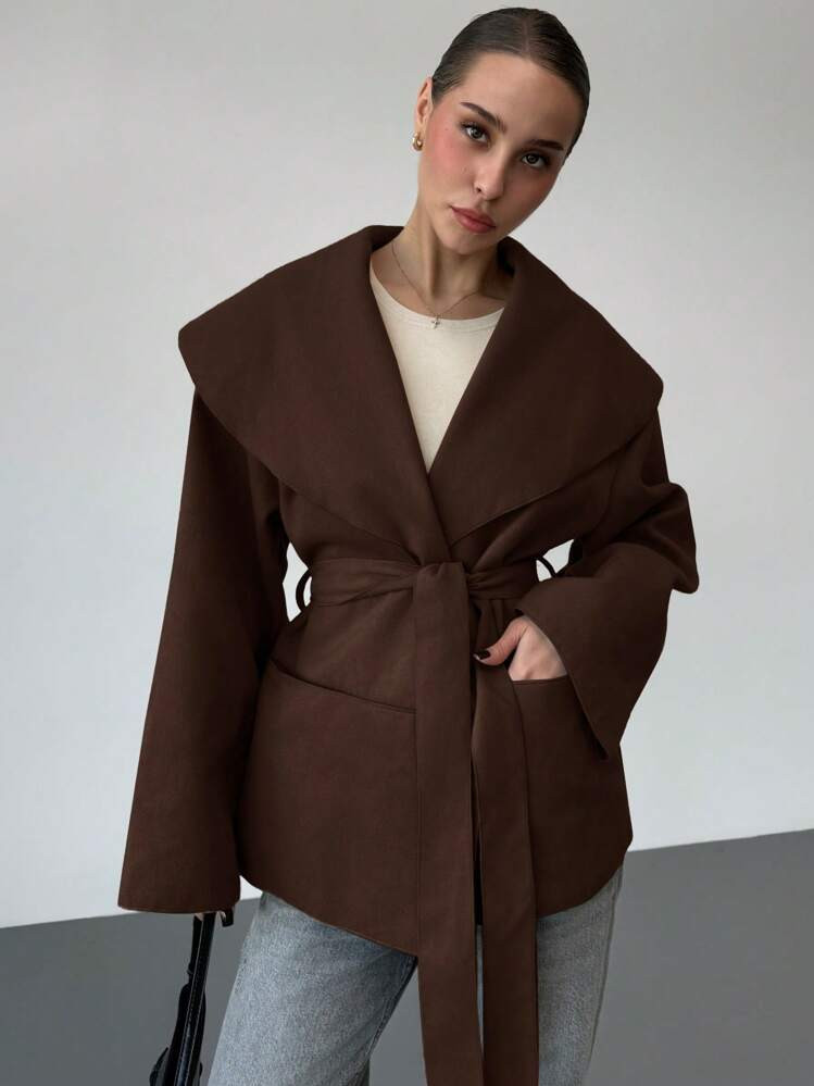 Aloruh Damen Eleganter Pendler-Wärme Und Einfachheit Brauner Mantel Mit Vorderbindung, Langarm-Tasche, Lässige Jacke Für Den Alltag Im Herbst/Winter | SHEIN