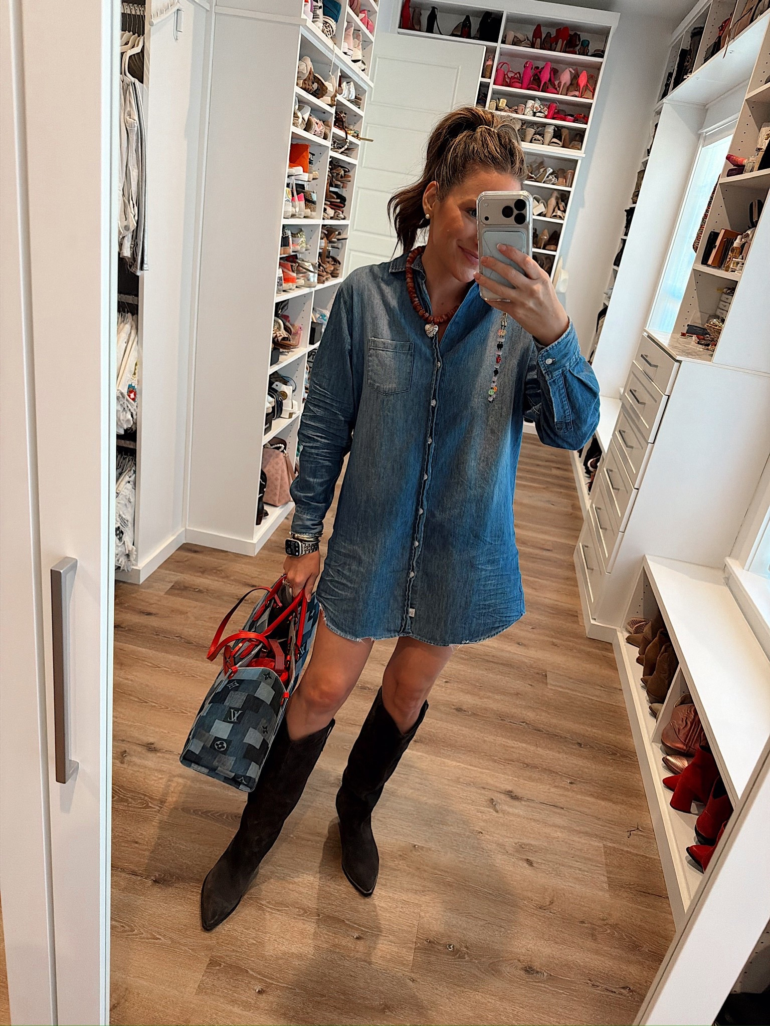 In a small denim shirt dress, boots, necklace and accessories - fits tts. My colorway is gone but I linked same dress in lighter wash! 

#LTKSeasonal #LTKootd #LTKgrwm