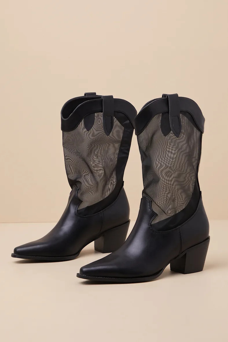 Wyley Black Sheer Mesh Mid-Calf Western Boots | Lulus