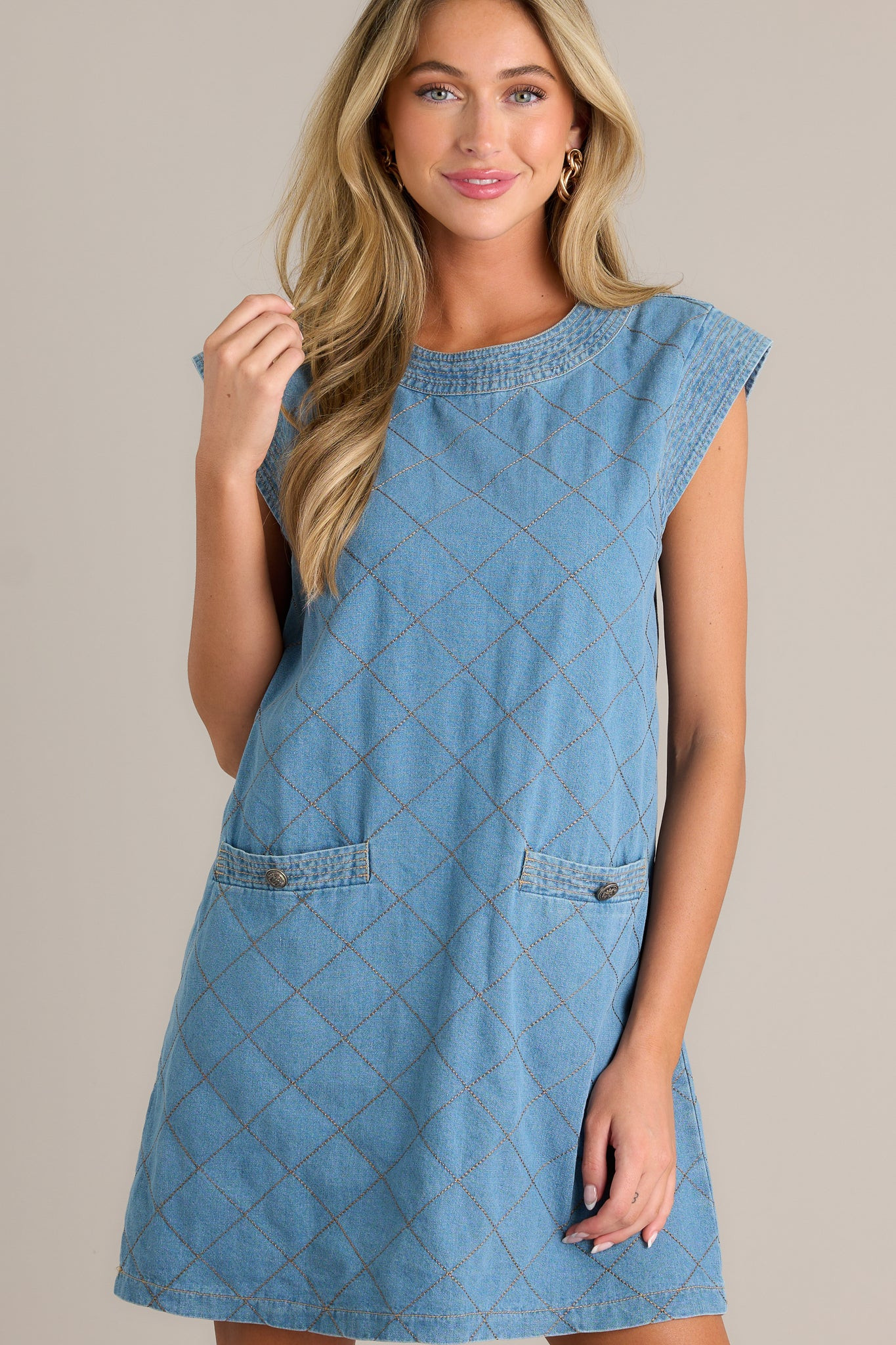 Just Wondering Light Chambray Quilted Mini Dress | Red Dress