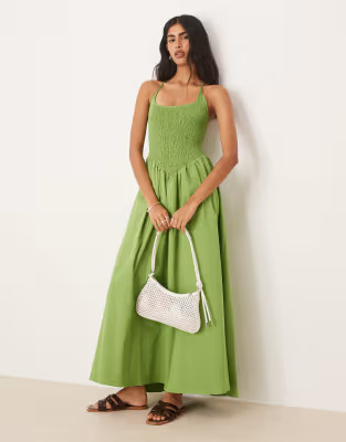 ASOS DESIGN scoop neck crinkle maxi dress with cross back in green | ASOS | ASOS (Global)