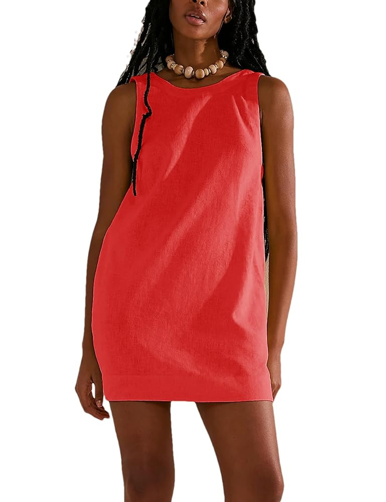 Womens Summer Crew Neck Sleeveless Open Back Dress Casual Beach Sunshine Cotton Linen Mini Dress | Amazon (US)