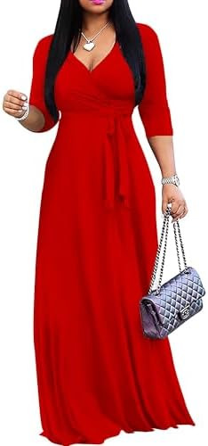 Mrskoala Women Plus Size Long Maxi Wrap Dresses Summer Sundress V-Neck 3/4 Sleeve | Amazon (US)