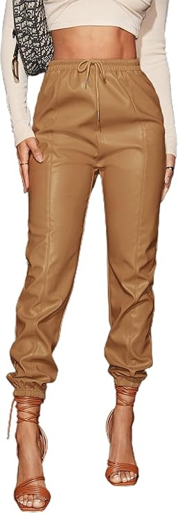 Floerns Women's Drawstring High Waisted Cropped Tapered Pu Leather Pants | Amazon (US)