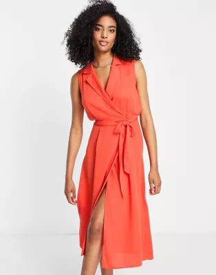 ASOS DESIGN tie front sleeveless collared wrap midi dress in orange | ASOS (Global)