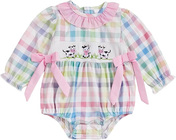 Newborn Baby Girl Farm Clothes Cow Animal Bodysuit Smocked Ruffle Gingham Bubble Romper Bow Fall ... | Amazon (US)