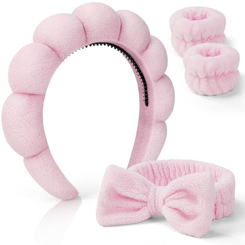 Lanfixilly Spa Headband for Washing Face, Skincare Headbands and Wrist bands Set, Terry Cloth Makeup Headband, Puffy Anti-Slip Face Wash Headbands for Women for Facial Cleaning, Makeup (Pink) | Amazon (US)