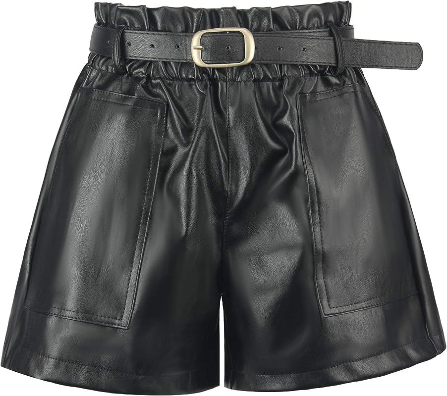 RAMISU Women's Casual Faux Leather Shorts High Waisted Elastic Band Belted Shorts Flared Leg Faux... | Amazon (US)