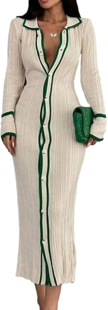 Women's Winter Slim Knit Sweater Dress Turtleneck Long Sleeve Cardigan Button Down Ribbed Knit Ma... | Amazon (US)