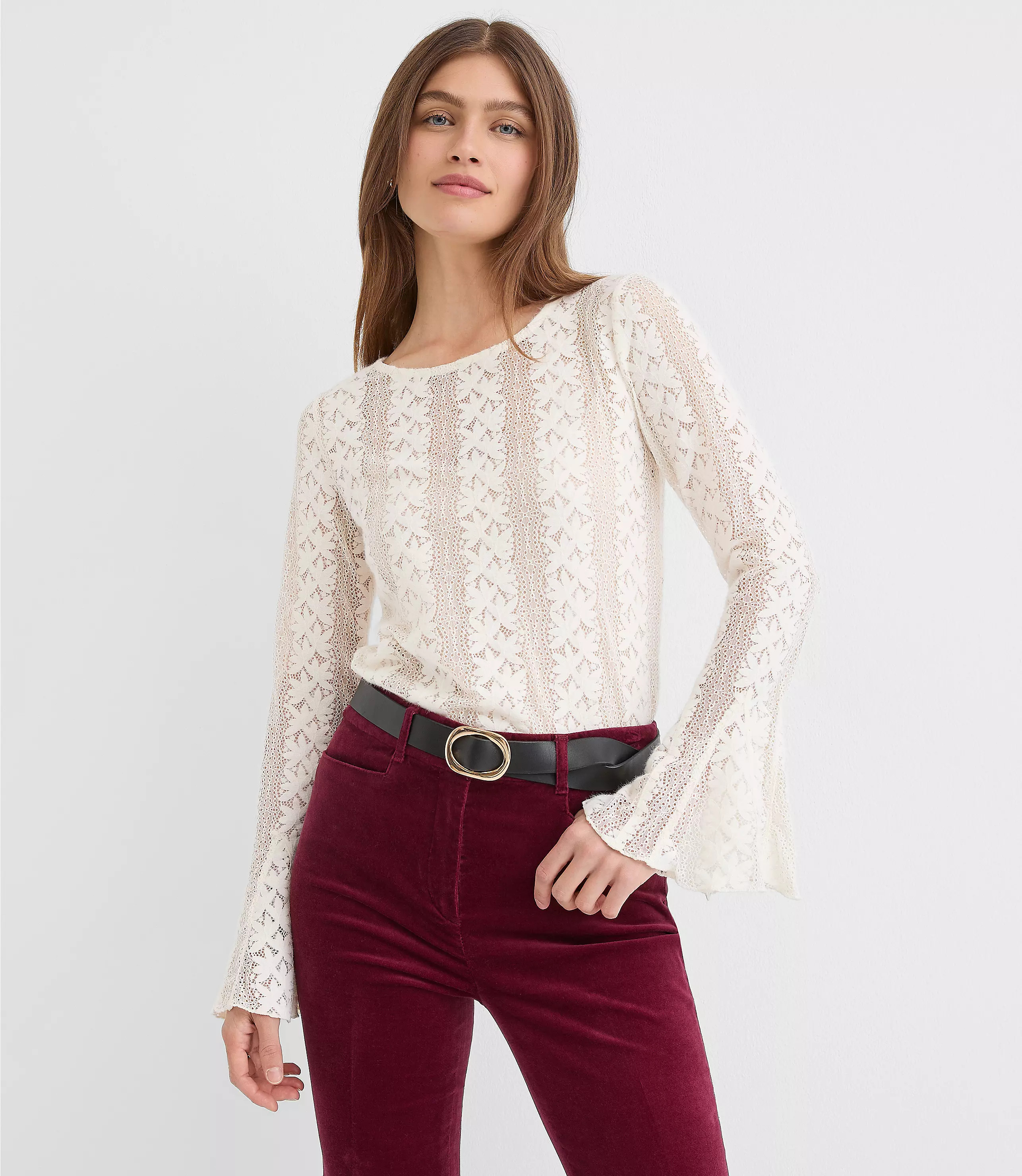 Floral Lace Godet Sleeve Top | LOFT