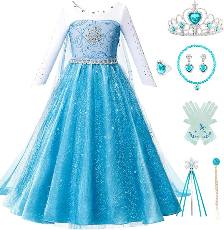 Kitimi Elsa Vestito Ragazze Principessa Bambina Costume con Corona Guanti Treccia Anello, Elsa Ve... | Amazon (IT)