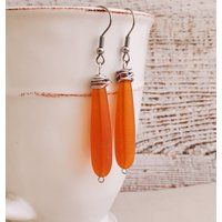 Long Slender Orange Czech Glass Teardrop Dangle Earrings, Drop Boho Earrings in Antiqued Silver, Sea | Etsy (US)
