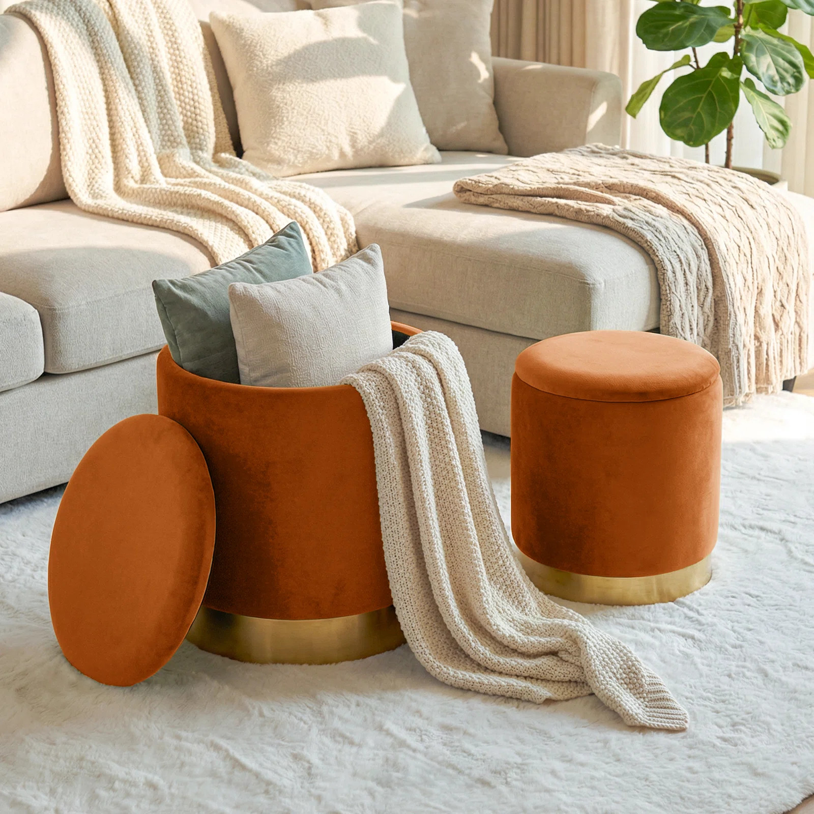 Mercer41 Storage Velvet Ottoman With Soft Cushion Round Shape Stylish & Reviews | Wayfair | Wayfair North America