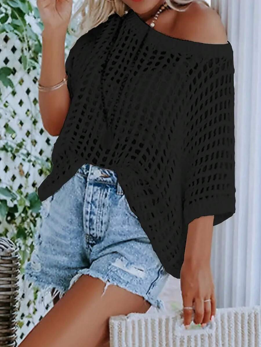 Summer 3/4 Sleeve Elegant Hollow Out Pullover Knit Top, Beach Coverup Sweater For Women | SHEIN