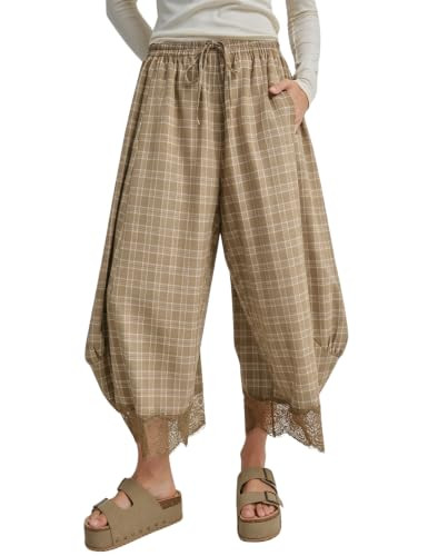 Himosyber Women's Plaid Lace Hem Cropped Wide Leg Pants     Cotton fabric, classic plaid print, e... | Amazon (US)