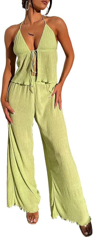 NUFIWI Womens Sexy 2 Piece Pants Set Strapless Off Shoulder Tube Tops Pleated Wide Leg Pants Y2k ... | Amazon (US)