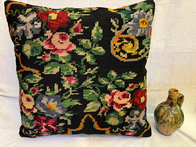 Vintage Floral Kilim Pillow Cover: Turkish Wool Throw Pillow (26x26) | Etsy (Global)