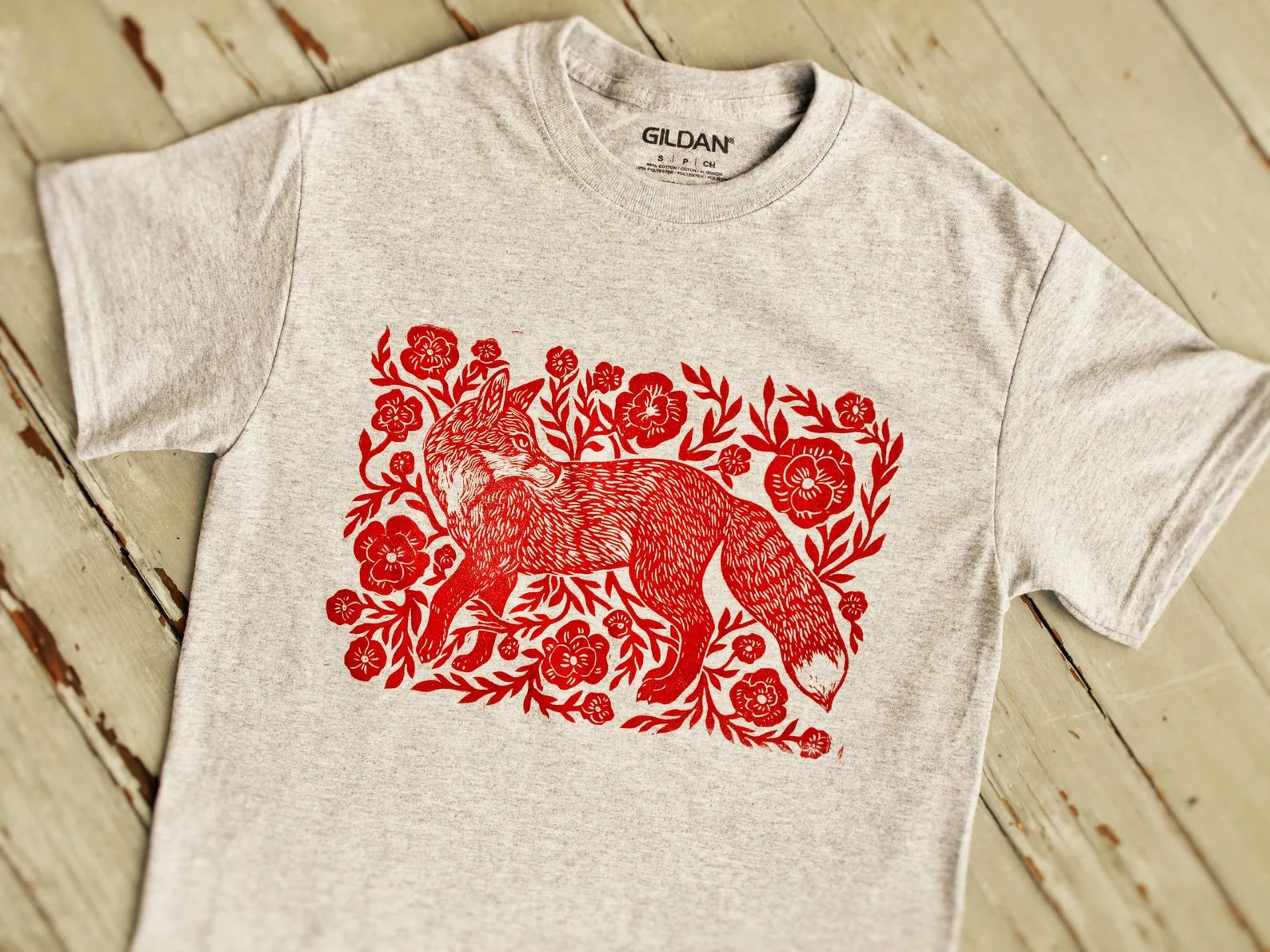 Red foxflower Block-printed T-shirt  Linocut - Etsy | Etsy (US)