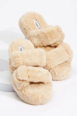 Tan Platform Faux Fur Double Buckled Strap Slide Sandals | rue21