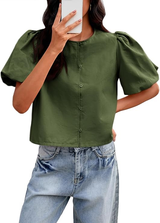 Tankaneo Womens Cropped Tops Puff Sleeve Button Down Shirts Trendy Casual Loose Fit Cute Blouse | Amazon (US)